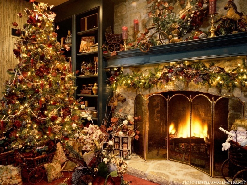 Arbre de Noël près de cheminée wallpaper