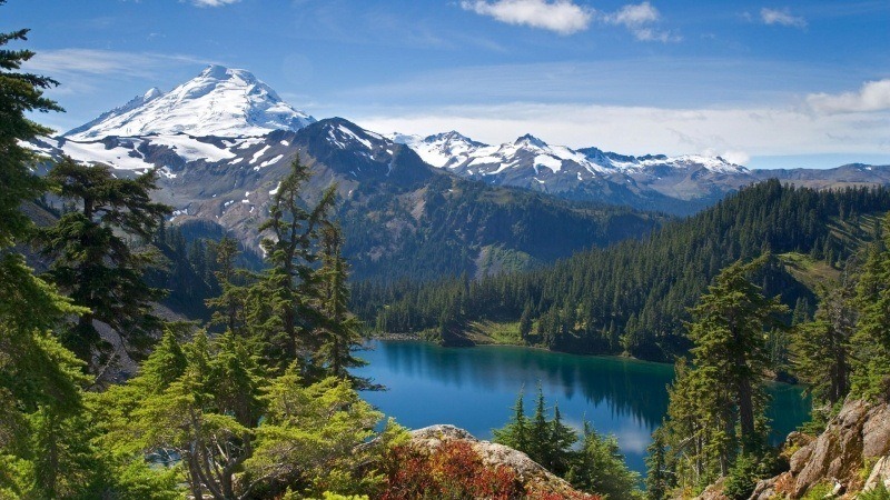 photo été montagne lac et forêt fond d'écran