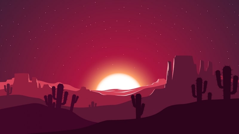 Fond écran HD dessin art vectoriel paysage désert cactus canyon et soleil
 