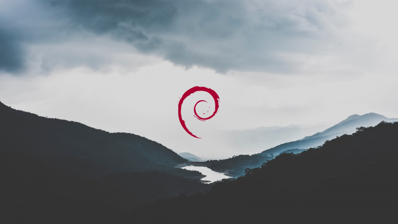 Debian Linux logo rouge sur paysage forêt