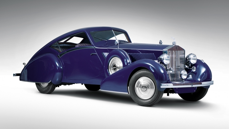 Fond d'écran HD 4K Rolls Royce Phantom II gris bleu modèle 1937 voiture ancienne wallpaper background arrière plan