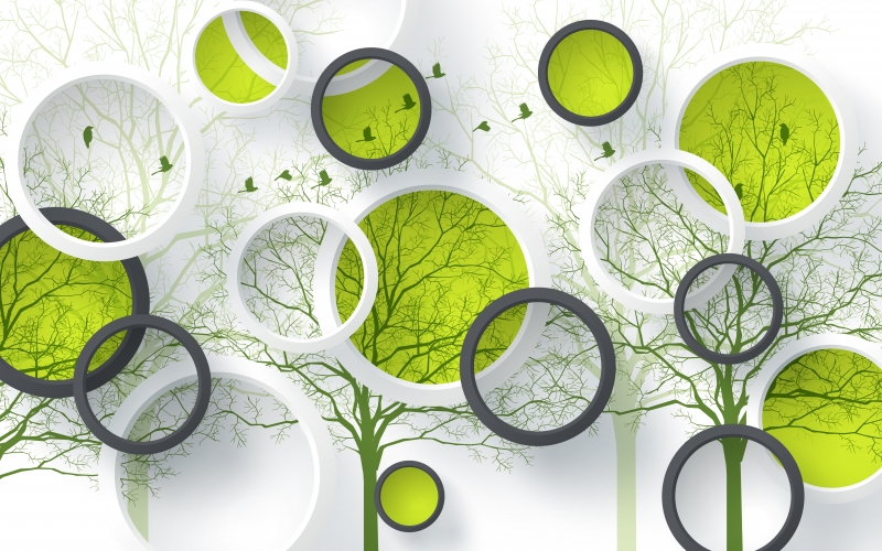 Art design création arbres et oiseaux vert gris blanc cercles wallpaper image