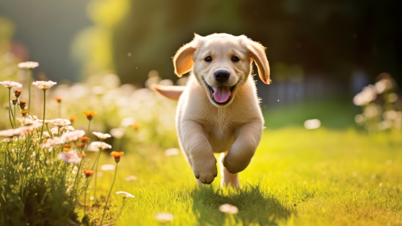 Chiot golden retriever chien en pleine course dans jardin photo fond d'écran HD 5K