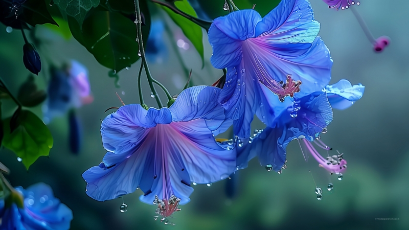 Photo fleurs bleues sous la pluie image arrière plan pour PC et Mac Apple smartphone