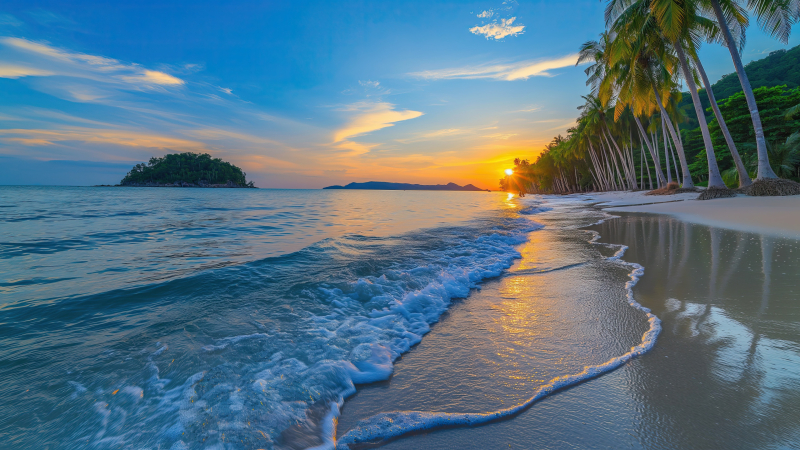 Wallpaper Plage de rêve Thaïlande. Coucher de Soleil et Palmiers