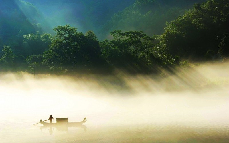 fond ecran hd paysage nature pêcheur sur lac brumeux soleil du hunan chine wallpaper photo bingham008