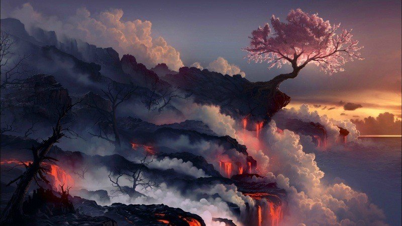 art fantasy digital deviantart wallpaper fond d'écran hd art deviantart com cerisier en fleur rose fumée lave mer paysage fantastique pc mac smartphone wallpaper