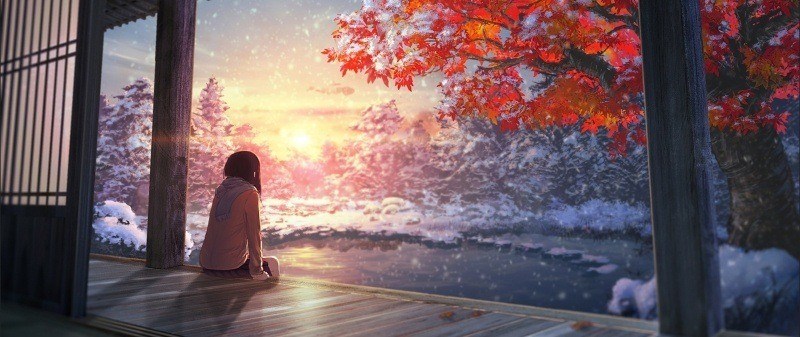 fond ecran hd manga anime girl coucher de soleil neige wallpaper