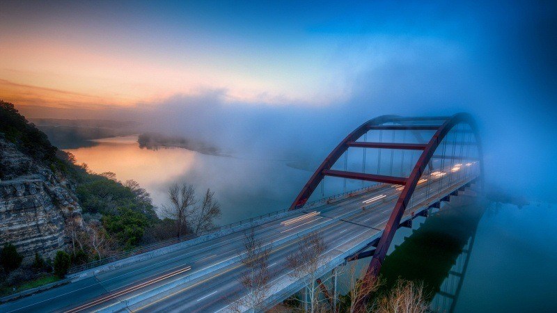 fond écran HD wallpaper paysage pont Pennybacker bridge sur rivière Austin Texas exposition longue matin