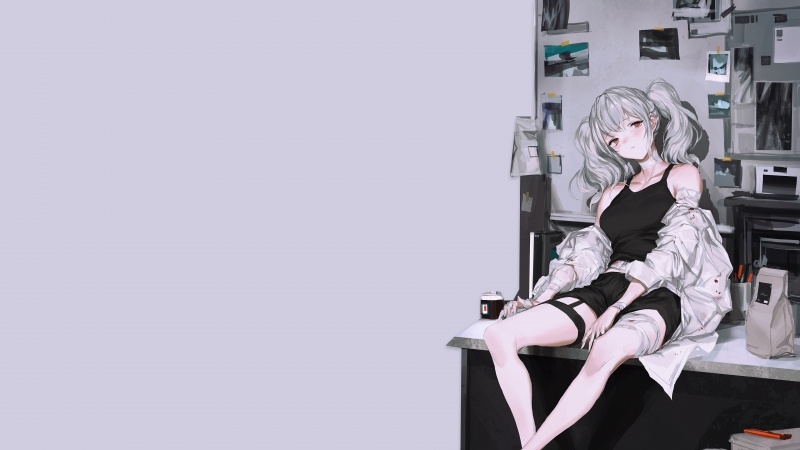 wallpaper anime girls sitting on a desk