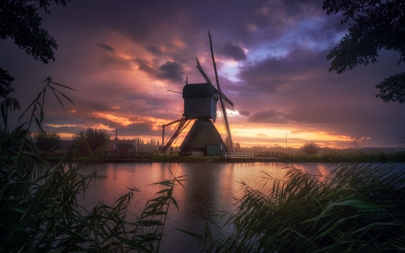 Fond d'écran Hollande moulin à vent photo au soleil couchant picture image wallpaper