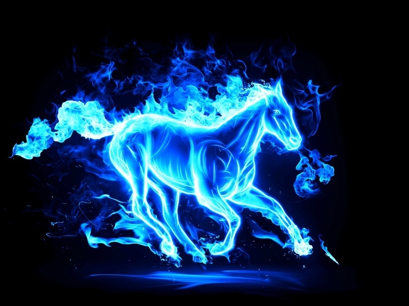 art dessin 3D cheval en feu bleu