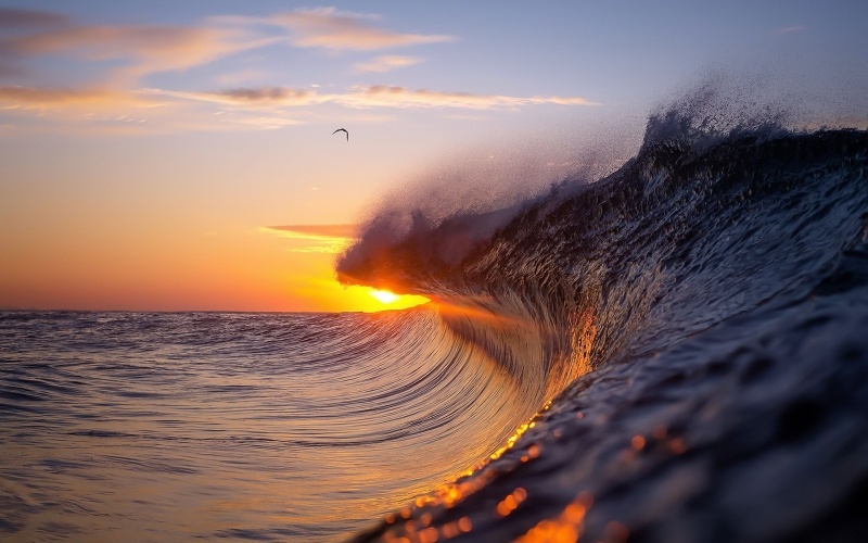 Vague au soleil couchant