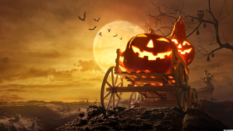 Fond d'écran HD fête Halloween citrouilles pleine lune chave souris chariot wallpaper