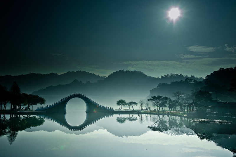 Pont et lac sur paysage asiatique