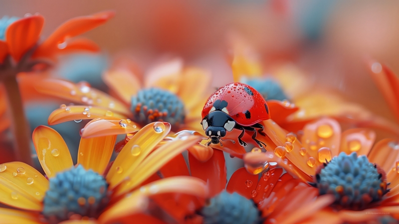 Coccinelle sur fleurs après pluie