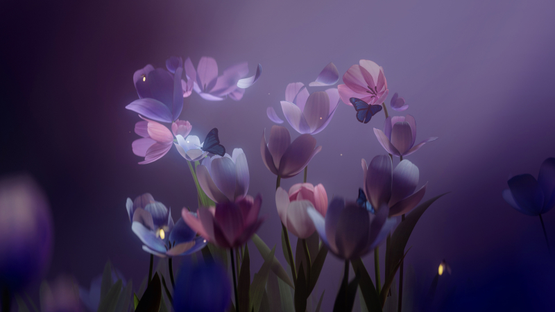 Wallpaper Floral Magique - Fleurs et Papillons Illuminés Découvrez ce magnifique wallpaper floral avec des fleurs illuminées et des papillons. Parfait pour ajouter une touche de magie à votre écran.